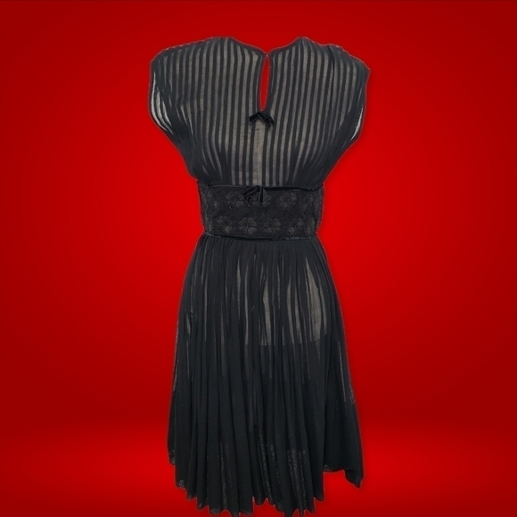 VINTAGE Mid Century Sheer Black Pleated Dress 24" Waist S Semi Open Back R&K VG - Picture 15 of 15